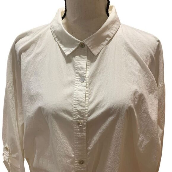 Eileen Fisher Buttoned Blouse White Organic Cotton/Spandex Roll Tab Sleeve Wm XL - Picture 3 of 6